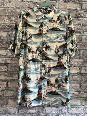 Men's Tropical Sailboat with USA Flags Short-Sleeve Button-Up Easy Care No Iron